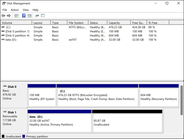 Figure 1-4: The Disk Management app in Windows