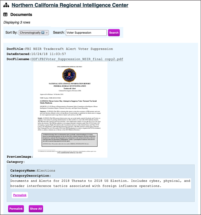 Figure 10-3: Viewing the FBI NSIR Tradecraft Alert Voter Suppression document in BlueLeaks Explorer