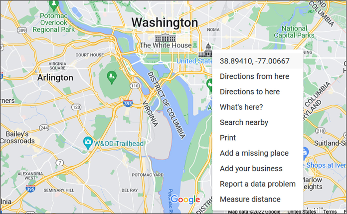 Figure 11-5: Using Google Maps to find the GPS coordinates of the center of Washington, DC