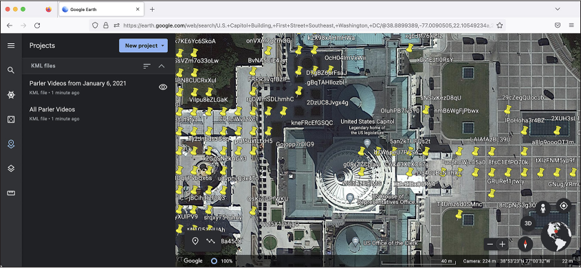 Figure 11-6: Google Earth, focused on the US Capitol building, with pins at the GPS points in