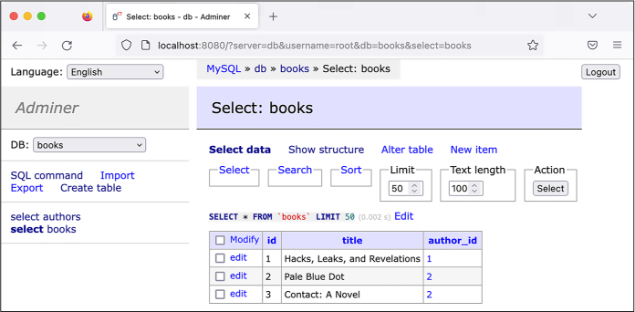 Figure 12-5: Viewing rows in the books table in Adminer
