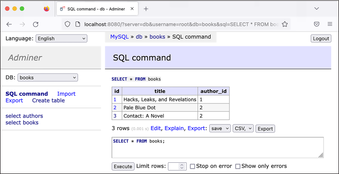Figure 12-6: Running a SELECT query in Adminer