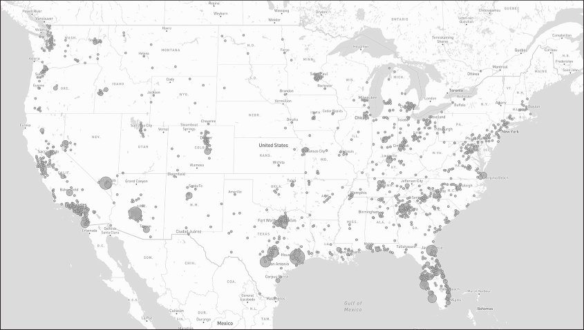 Figure 13-7: A map of cities in the US with AFLDS patients as of September 11, 2021