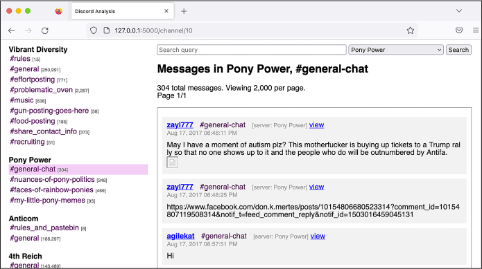 Figure 14-5: Viewing chat logs for the #general-chat channel in the Pony Power server in my Discord Analysis web app