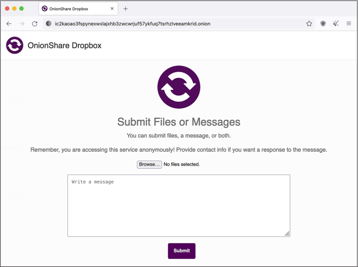 Figure 2-2: Using Tor Browser to access the OnionShare Receive mode site shown in Figure 2-1