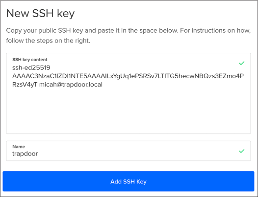 Figure 4-3: The form for adding a new SSH key to a DigitalOcean account