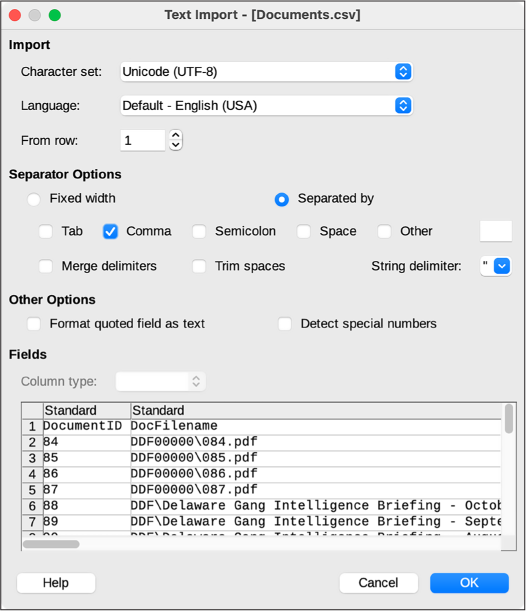 Figure 9-1: The LibreOffice Calc Text Import settings