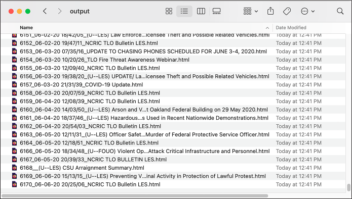 Figure 9-7: Viewing the HTML files generated by the Python script in macOS Finder