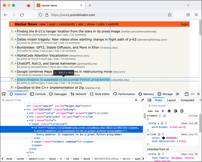 Figure B-2: Using Firefox’s developer tools to inspect the HTML that makes up a Hacker News post